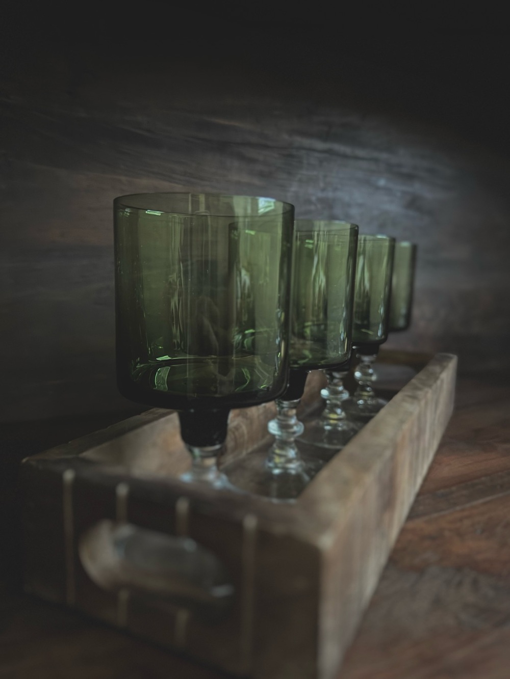 Green Goblet Set of 4 | Smoked Glass Stemware 6” Olive